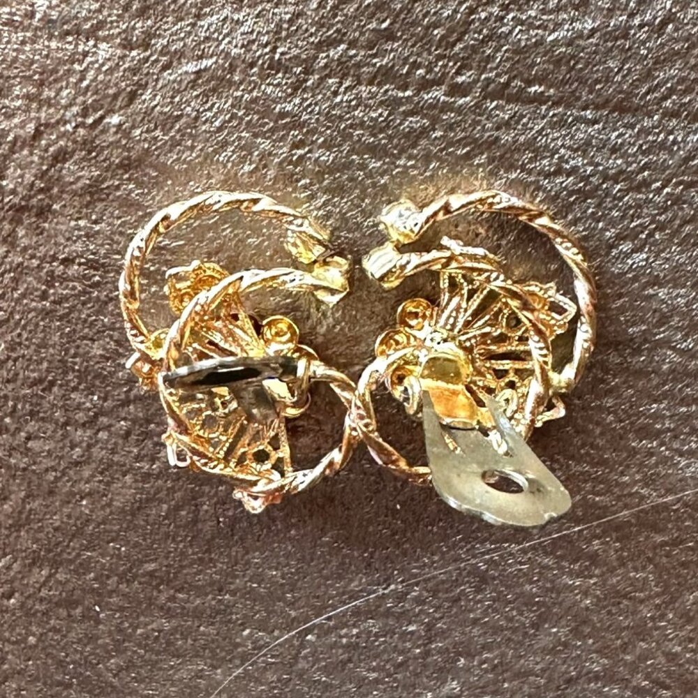 Vintage Pink & Gold Clip-On Earrings Rhinestone & Enamel Floral Made In Austria - Picture 9 of 10